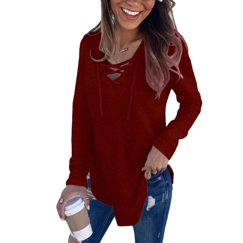 Осенняя Повседневная Женская свободная Однотонная футболка на шнуровке с