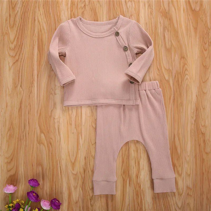 

2020 Baby Spring Autumn Clothing Newborn Infant Toddler Baby Girl Boy Solid Button Ribbed T-shirt Pants Leggings Outfits 2Pcs