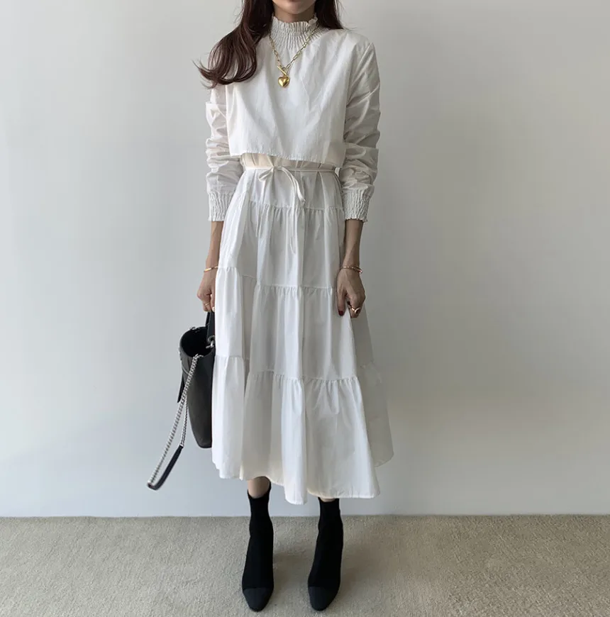 

HziriP Stand Collar Long Sleeve Party White Dresses Office Ladies Work Long Dress Female 2020 Elegant Solid Maxi Dress Vestidos