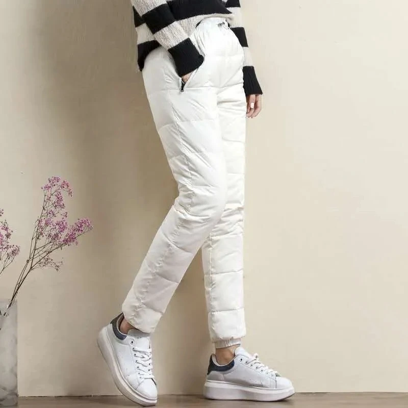 

Womens Fall 2021 White Lightweight Down Cotton Trousers Baggy High Waist Warm Puffer Sweatpants Korean Leisure Joker Harem Pants