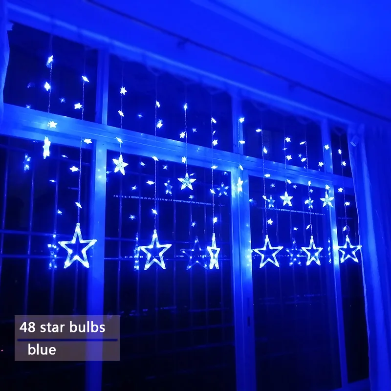 Blue 48star Гирлянда светодиодная AC110V или 220 V сказочные огни Звездные занавески гирлянды украшения рождественские Свадебные огни 3 м - Испускаемый цвет: Blue 48star