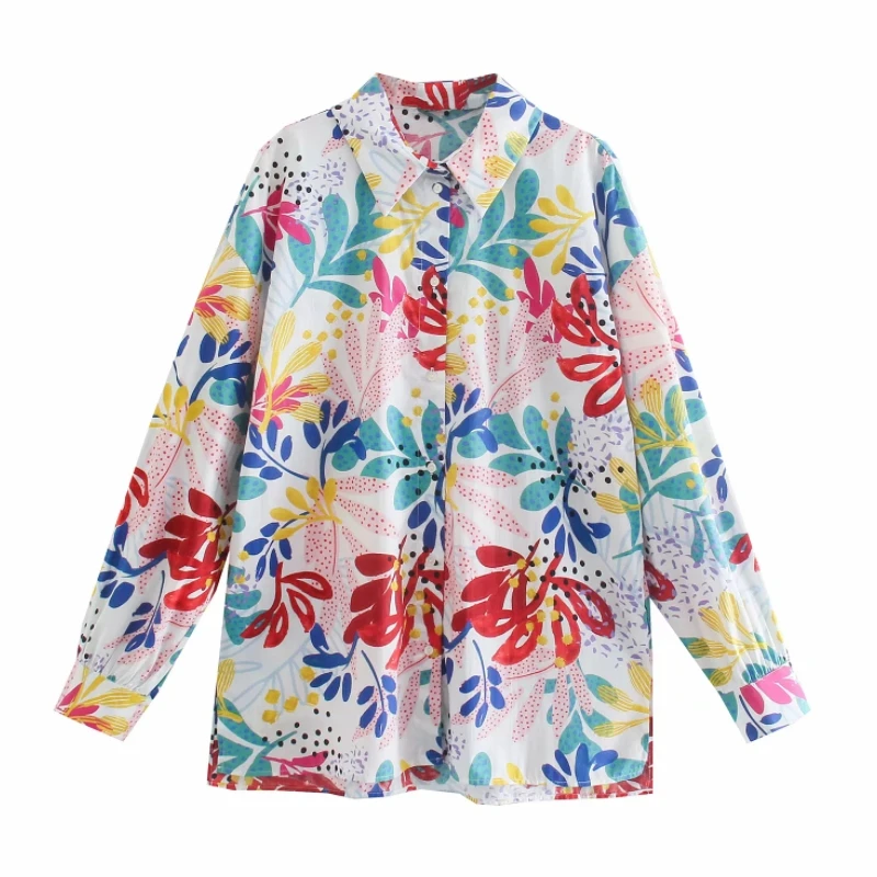 

Женская рубашка с отложным воротником и цветочным принтом, с длинным рукавом