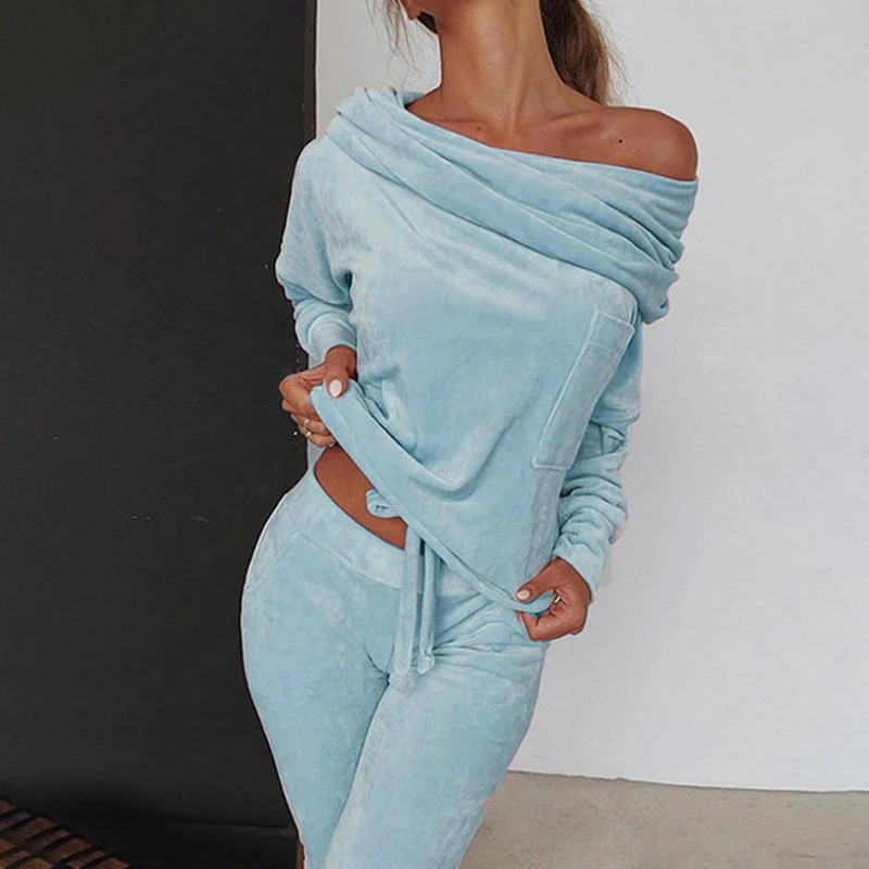 

Fashion Casual Tracksuit Women Two Piece Set Long Sleeve Off The Shoulder Female Autumn Spring Solid Comfortable Home Suits