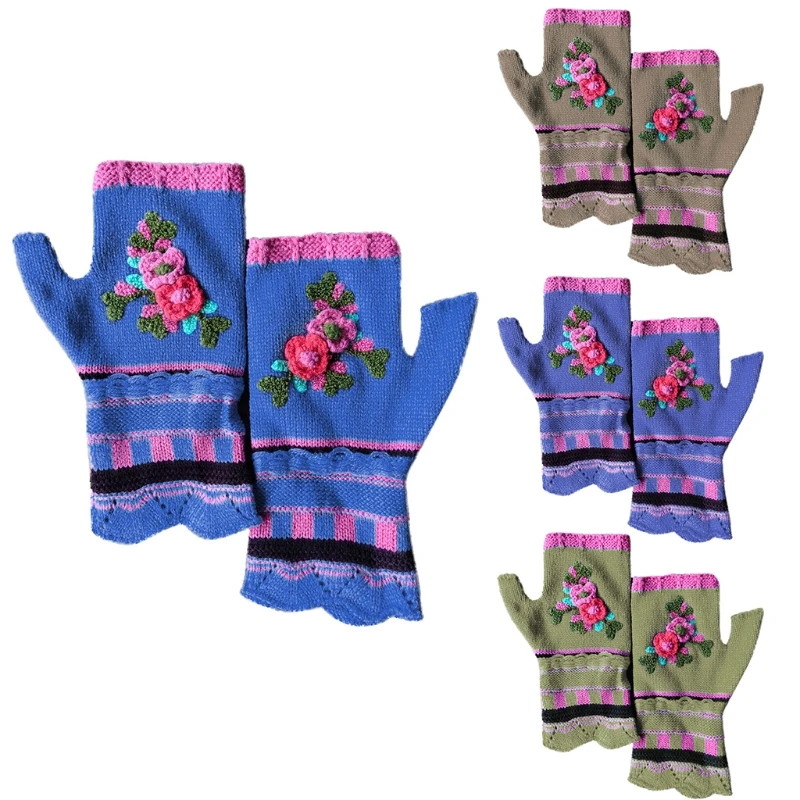 

Women Vintage Multicolor Jacquard Crochet Floral Fingerless Gloves Autumn Knitted Half Finger Texting Mittens Stretchy Thumb Arm