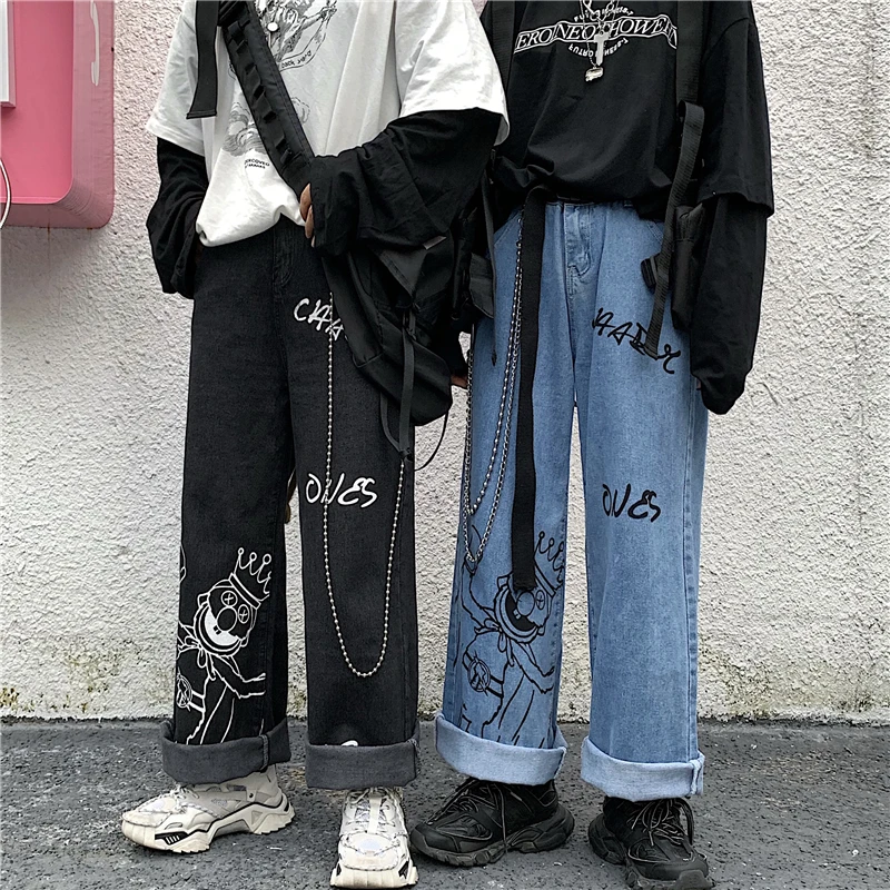 

SHENGPALAE 2021 New Summer Casual Jeans Woman Long Trousers Cowboy Female Loose Streetwear Cartoon Print Wide Leg Pants ZA4911