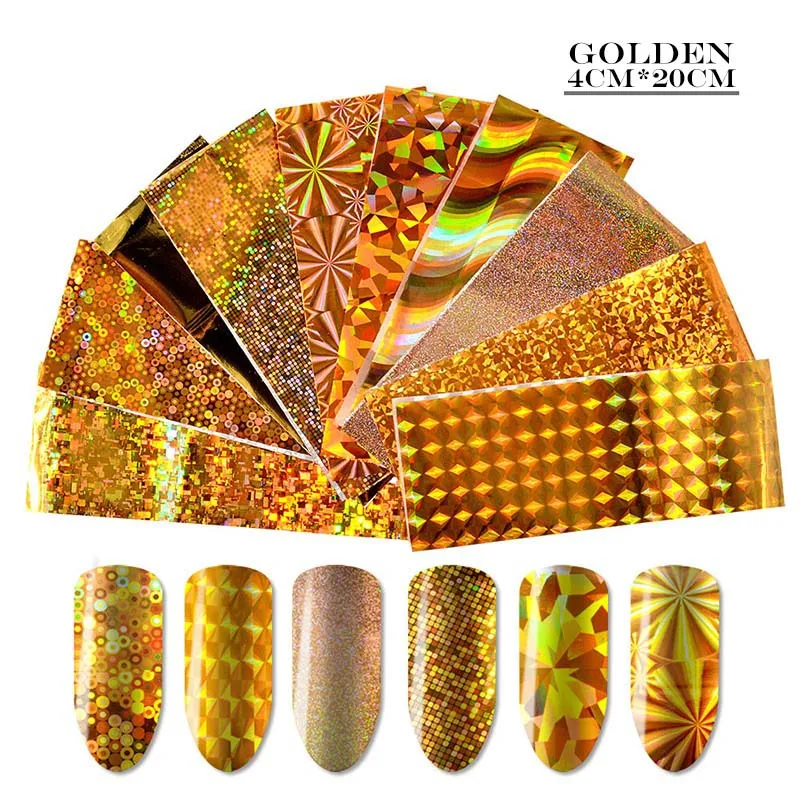 10pcs gold Цветочная Фольга для ногтей, не липкий декор для ногтей, красочный лазер, Рождественский цветок, Золотая Серебряная фольга для ногтей - Цвет: 10pcs gold