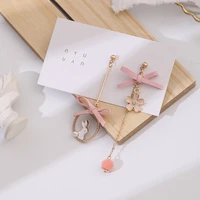 s925 silver needle sweet flower pink bow long earrings female 2021 new style cute rabbit asymmetrical non pierced ear clip