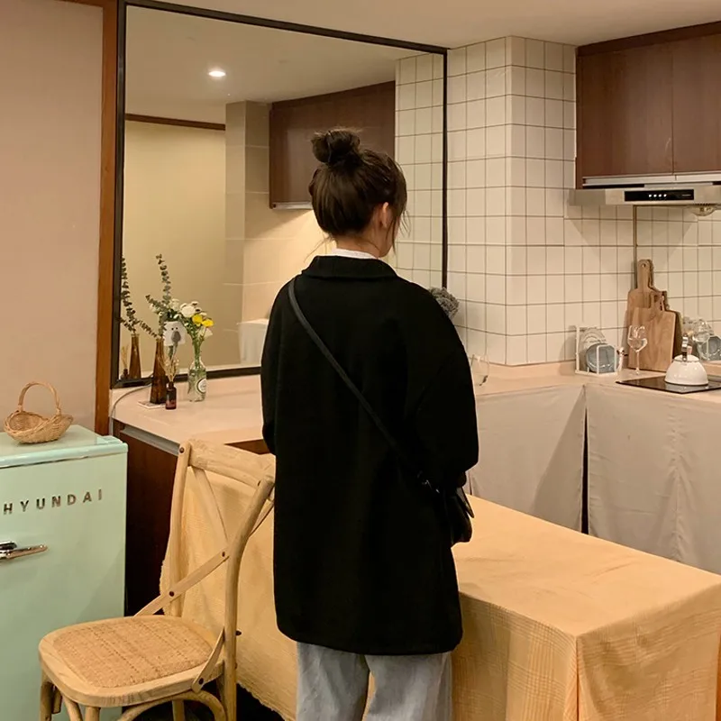 

Ladies medium long korean style wool coat new 2019 spring autumn turndown collar black outerwear women slim