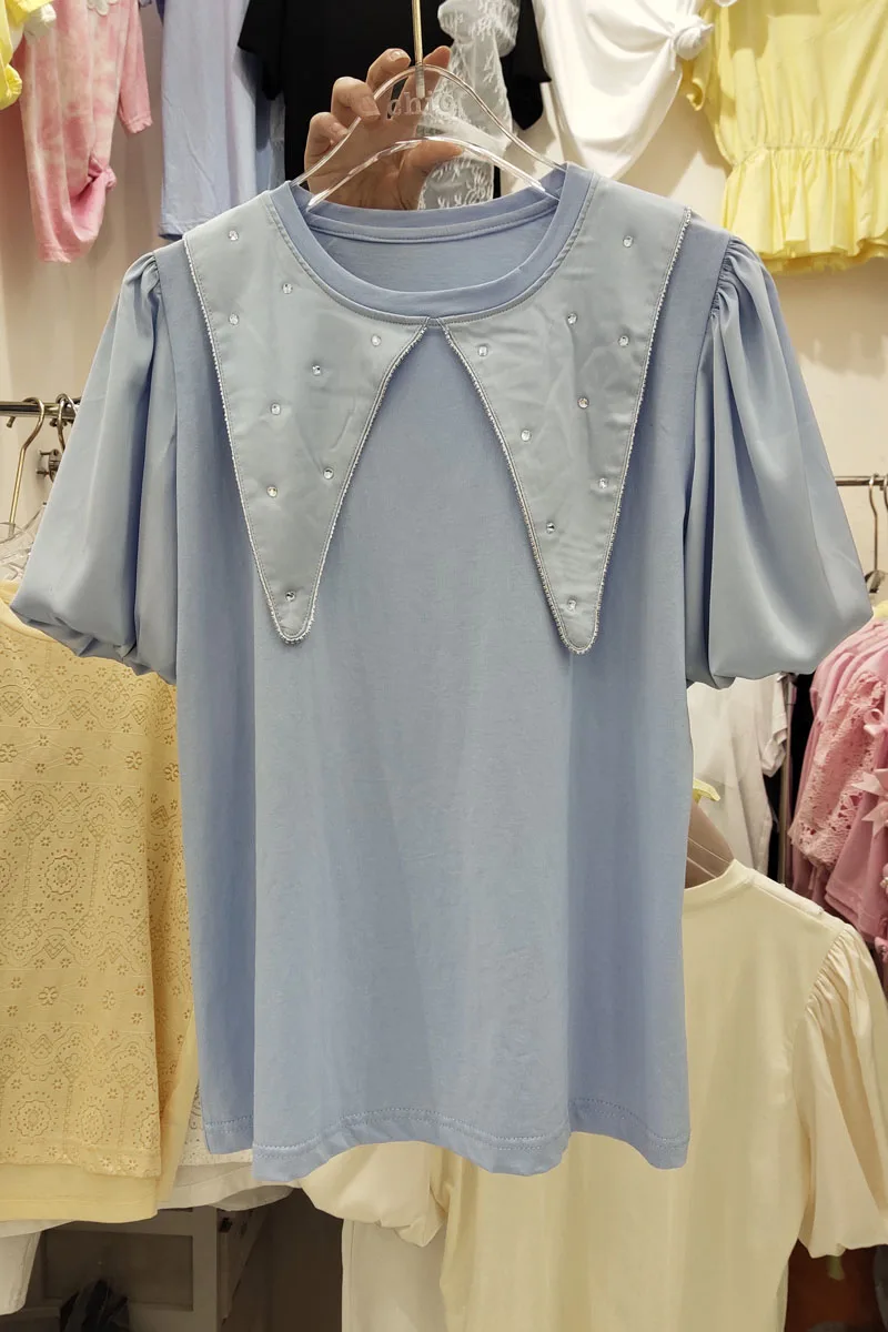 

All-matching Rhinestone Stitching Peter Pan Collar Solid Color T-shirt Short Puff Sleeve Loose Top Summer Clothing