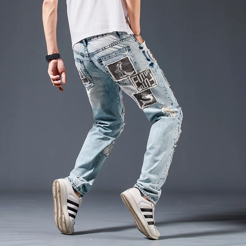 Spring Autumn Hip Hop Jeans Men High Street Fashion Brand New Blue Patch Print Stretch Fit Jeans Mens Jeans Trend Mens Jeans