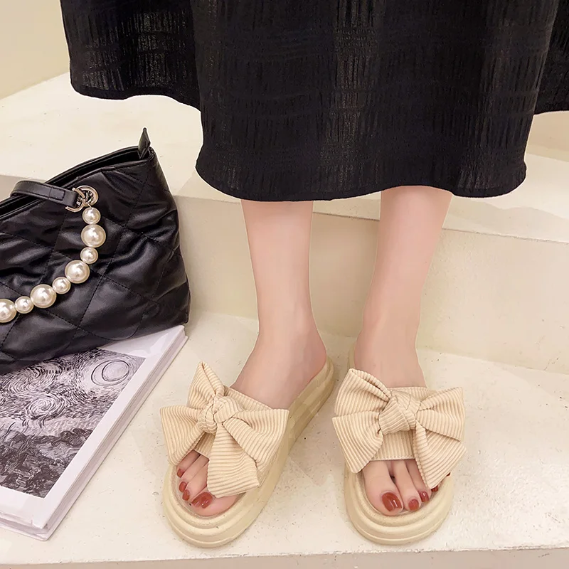 

Med Shoes Woman 2021 Slippers Casual Lady Shale Female Beach Platform Butterfly-Knot Luxury Girl Soft Sabot Flat Slides Fabric R