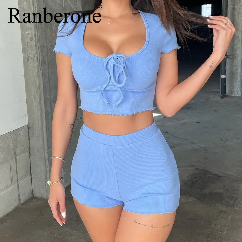 

Ranberone Women's Tracksuit 2PCS Crop Top + Shorts Yoga Set Sportsuit Workout Outfit Fitness Wear Gym Sets Home Service Clothes