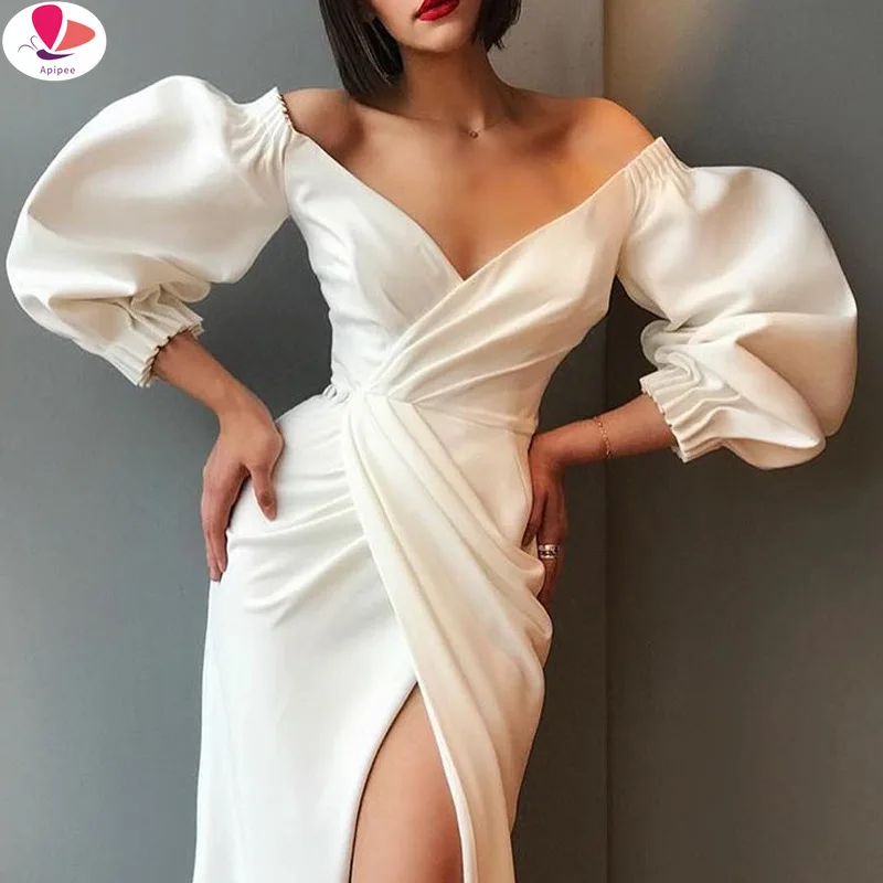 

APIPEE Sexy V-Neck Slit White Dress Autumn Elegant Lantern Sleeve High Waist Night Club Party Formal Dresses For Women 2022