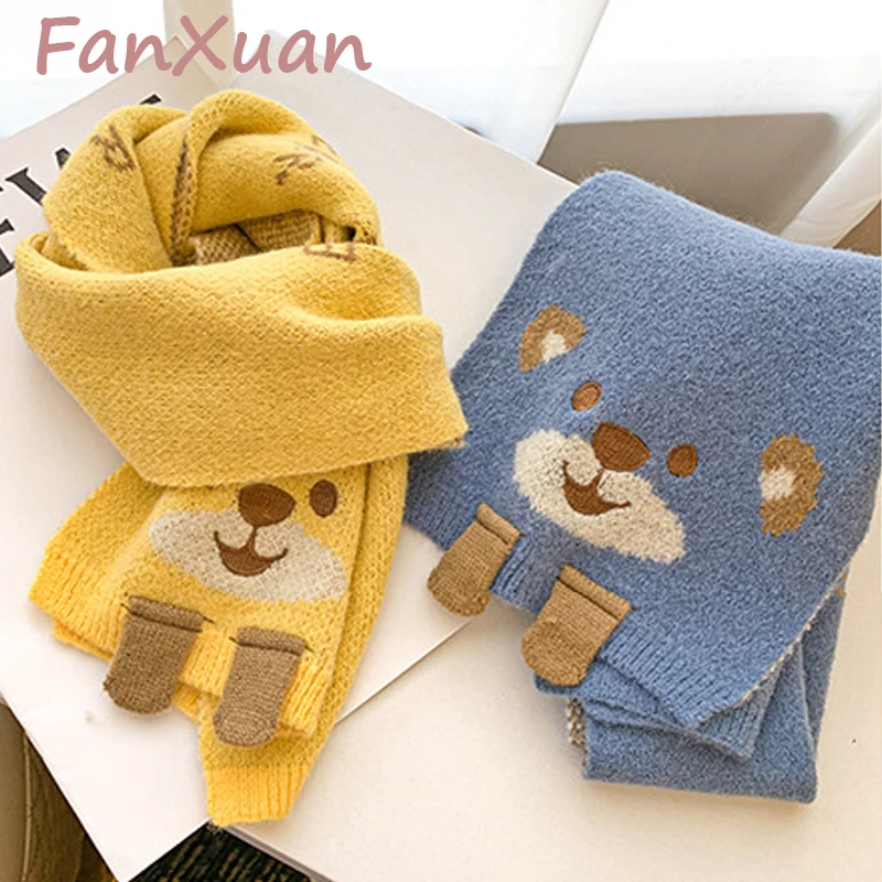 

Cute Bear Scarf for Children Winter Scarf for Boys Girls Baby Neckerchief Knitted Bear Cartoon Solid Long Neck Warmer Outdoor