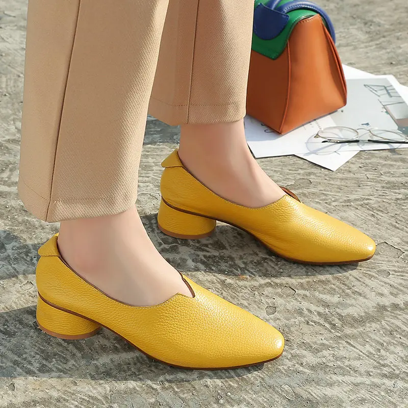 

Genuine Leather Woman Shoes Beige Brown Round Heel Med Heels Square toe Non-slip Spring Autumn Dress Party Platform Pumps