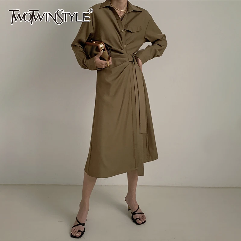 

Женское однотонное платье TWOTWINSTYLE, белое элегантное платье с отложным воротником, длинными рукавами, бантом, рюшами и шнуровкой на лето 2019