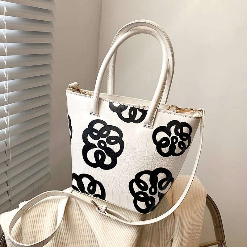 

YANIGELAN Fashion Ladies Leather Print Bucket Bag Crocodile Pattern Portable Shoulder Crossbody Pack Women Flower Tote Bag bolso