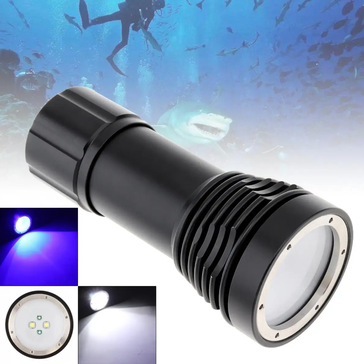 

8000LM 3 Modes 2 XM-L2 + 2 Blue LED Diving Flashlight Underwater 100M Underwater Video Searchlight Scuba Dive Light + Torch Box