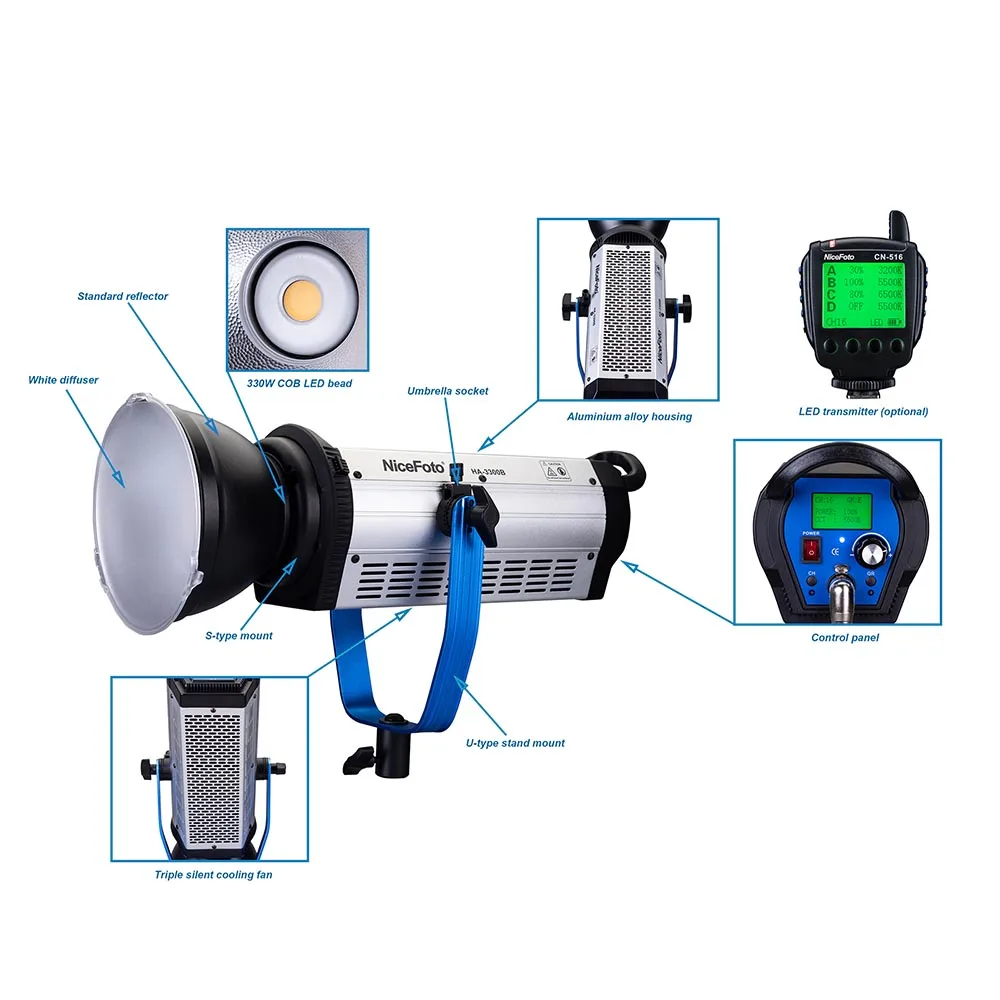 NiceFoto HA 3300B 330W CRI 97 + 36000LM 5500K дневное освещение COB Светодиодное для видеосъемки