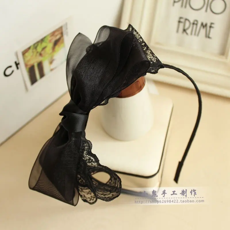 

Черные кружевные заколки для волос из гренадиновой ткани с большим бантом в Корейском стиле, аксессуары для волос в японском и Южном стиле