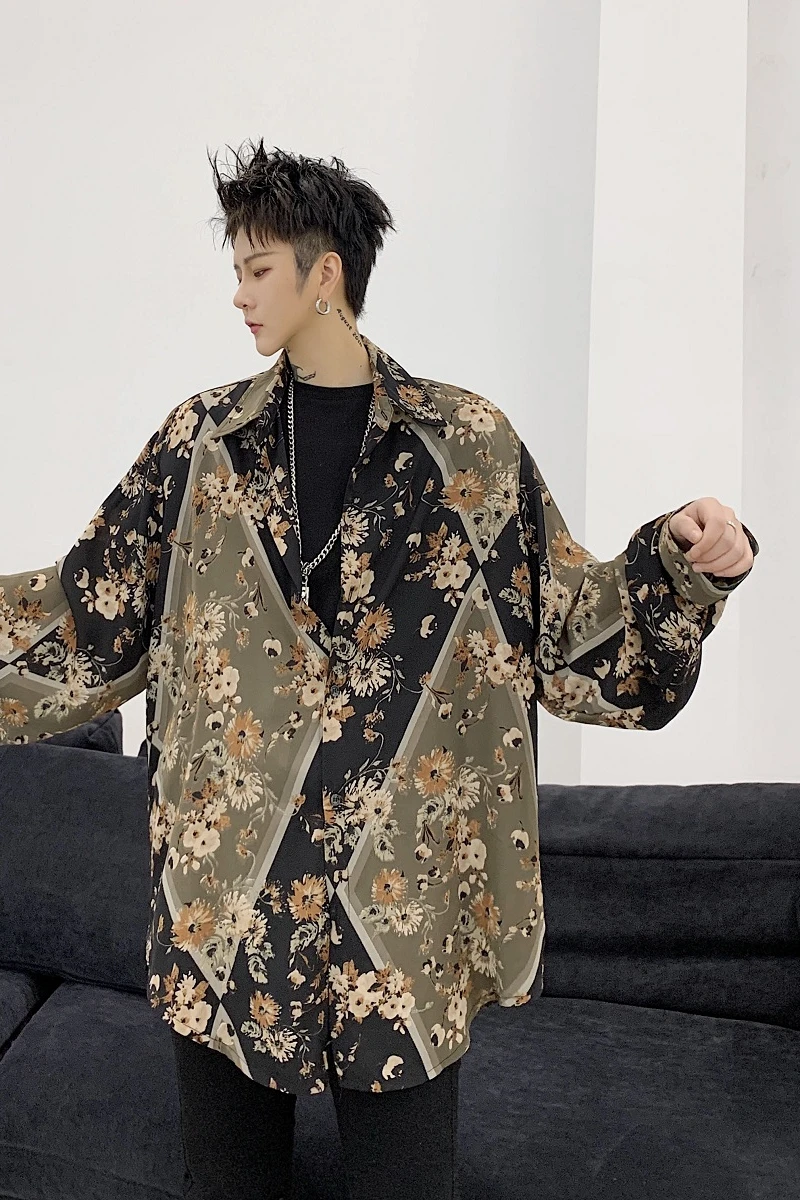 

M-XL!Spring dark Japanese oil painting print chiffon sun block shirt, long sleeve shirt in fashionable men's retro design.