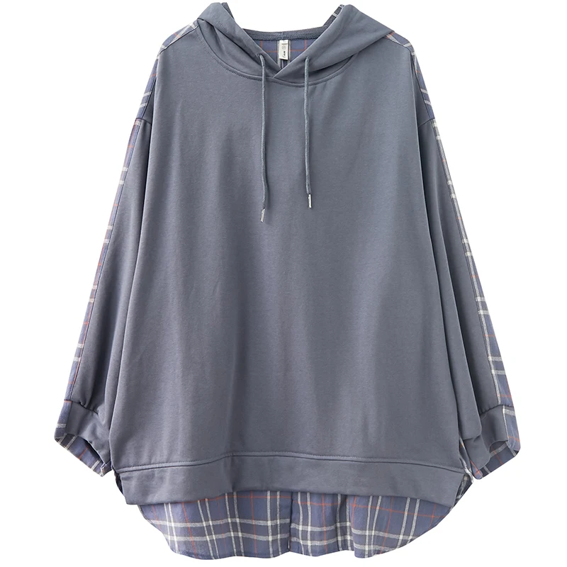 

Autumn Clothing Literary Large Size Fake Two-piece Plaid Sweatshirt Loose Mid-length Hoodies Women Harajuku Streetwear Aesthetic
