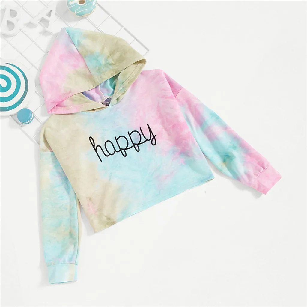 Модные милые толстовки с капюшоном для девочек с надписью «Happy Print Tie Dye», топы для девочек, коллекция года, весенние корейские модные толстовки с длинными рукавами для девочек, Размер 11 лет