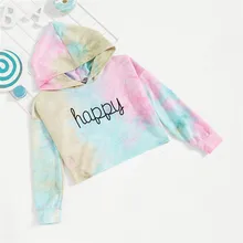 Модные милые толстовки с капюшоном для девочек с надписью «Happy Print Tie Dye», топы для девочек, коллекция года, весенние корейские модные толстовки с длинными рукавами для девочек, Размер 11 лет