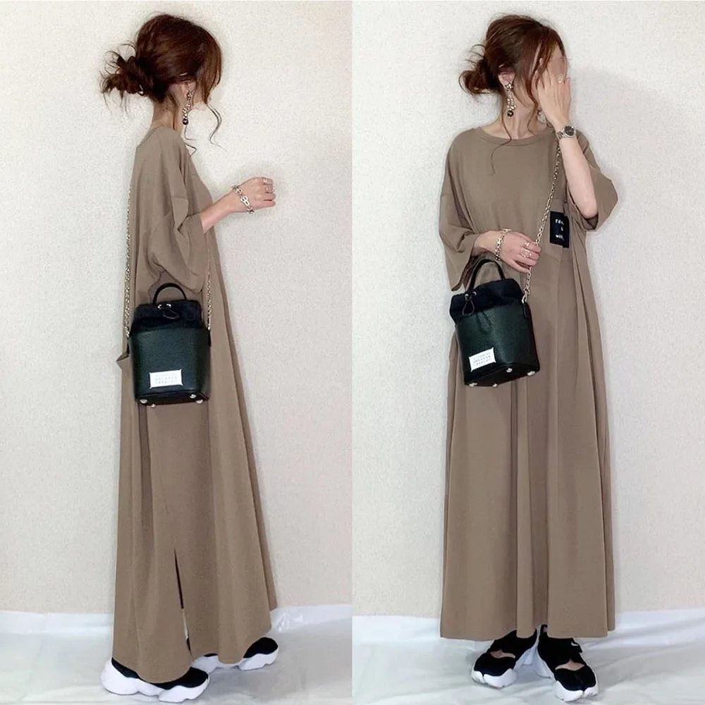 

Summer Women One Piece Split T-shirt Long Dress Pocket Loose Short Sleeve Casual Korea Japan Pullover Female Maxi Dresses 2020