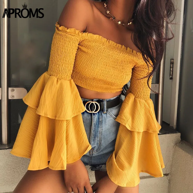 Женская шифоновая блузка Aproms желтая Элегантная с оборками и расклешенными