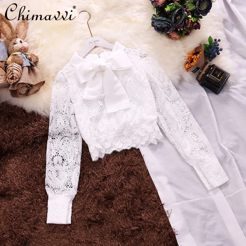 

Осенняя одежда 2021, новая модная рубашка с круглым вырезом и длинным рукавом с бантом для женщин, короткая приталенная кружевная рубашка, уни...