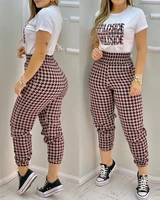 houndstooth letter print suit set women classic summer 2021 female casual short sleeve top high waist pants set ladies outfit