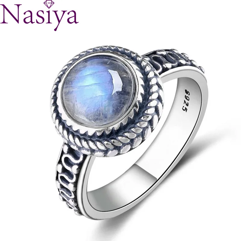 

New Fashion 9MM Round Natural Moonstones Rings Women's Silver Jewelry Ring Wholesale High Quality Gifts Vintage Fine
