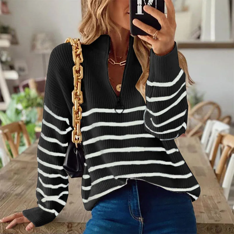 

Fashion Casual Zip V-Neck Loose Knitted Tops Jumper 2021 Autumn Winter Sweater Women Vintage Patchwork Striped Harajuku Sweaters