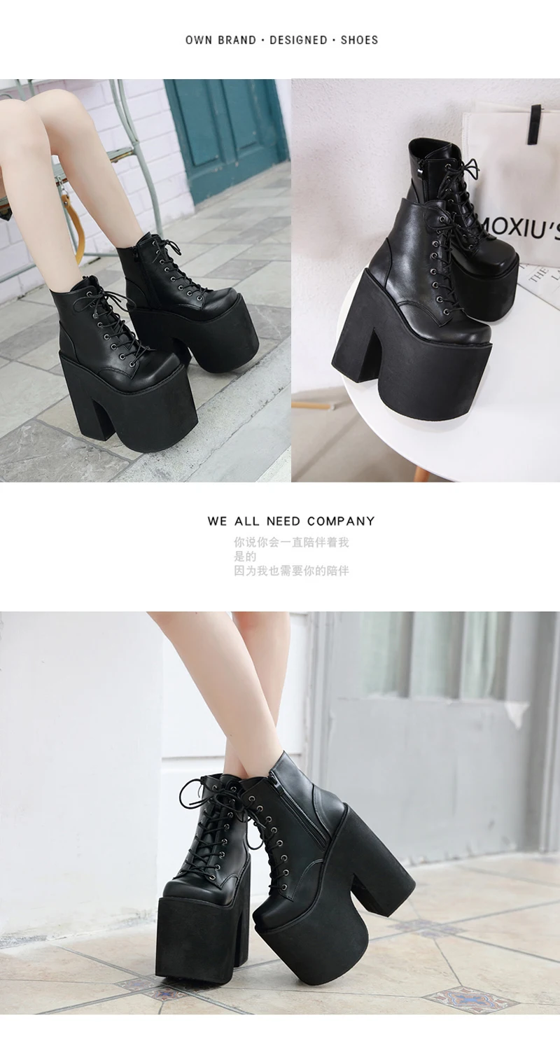 17cm Heel Motorcycle Boots Black Ankle Boots For Women Punk Cosplay Boots Fashion Goth Platform Boots Autumn Women High Heels