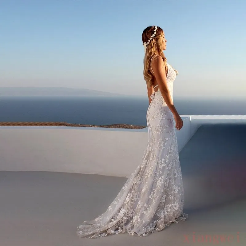 Женское длинное пляжное платье-Русалка белое кружевное платье с открытой спиной