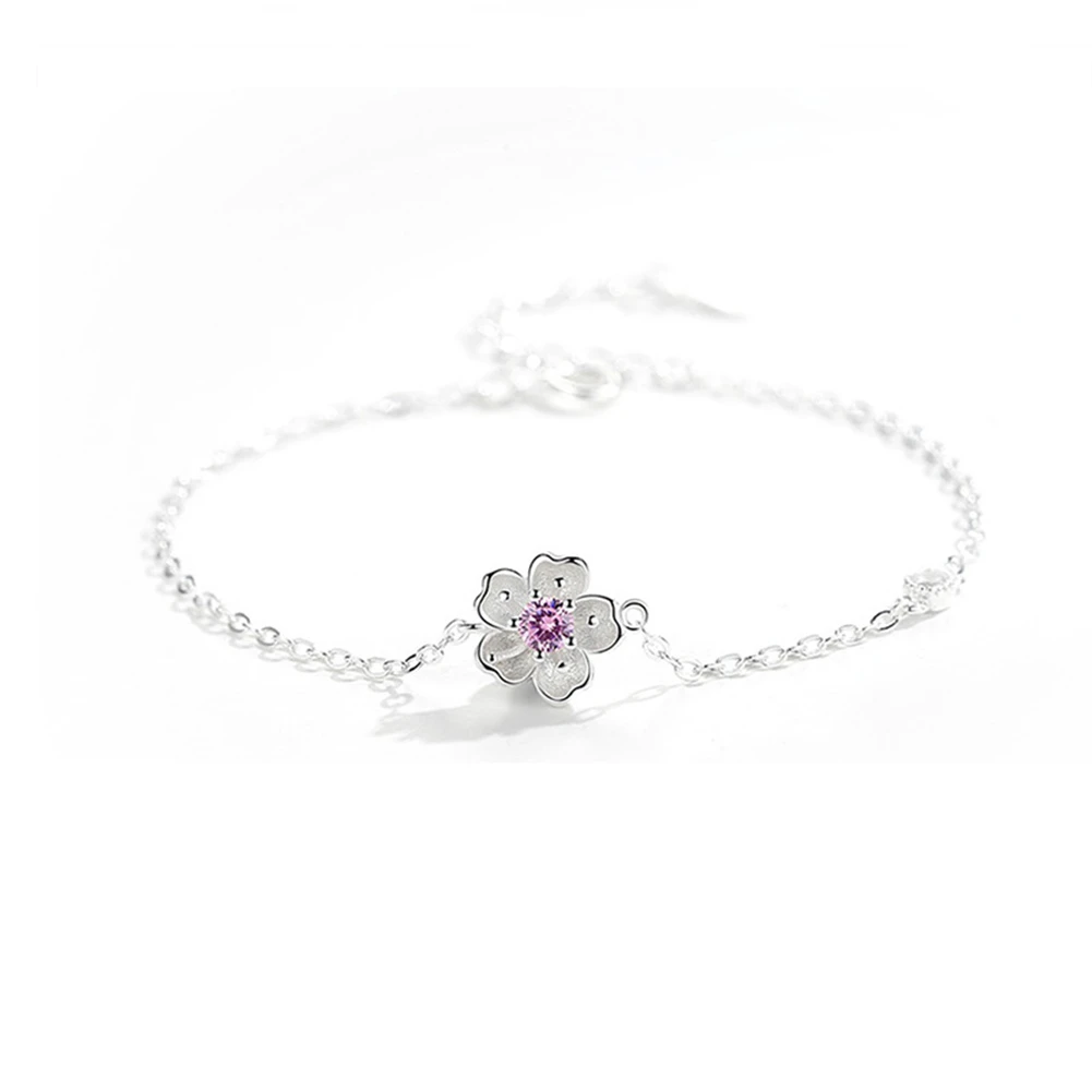 

Japanese Fashion Silver Plated Plated Charm Bracelet Sakura Flower with Zirconia Resizable for Women Lover Gift Jewelry B43.01