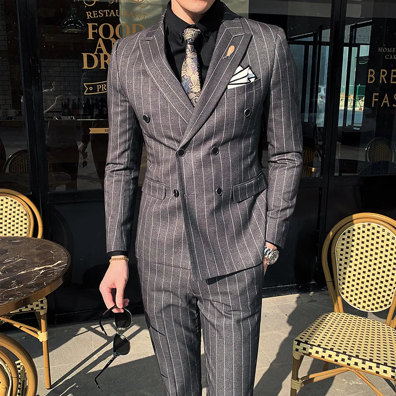 

Luxury Men's Striped Wedding Casual Tuxedo Men's British Slim Suit 2pcs Men's Quality Business Social Club Suit Costume Homme