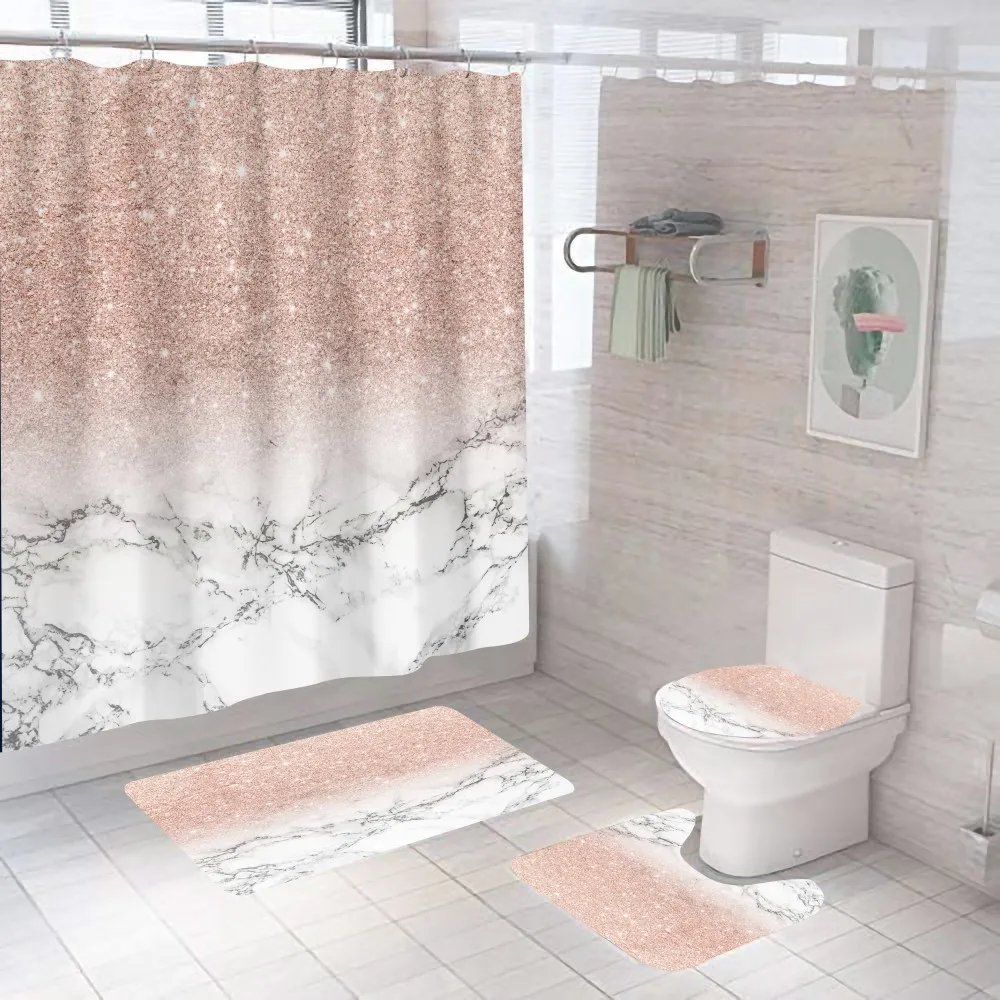 

Pink Gradient Marble Shower Curtain Bling Fashion With Non Slip Rug Mat Bathroom Curtain Waterproof Polyester Home Decor 180x180