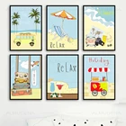 Мультфильм морской пейзаж плакат пляжное кресло Ван пальмовое стекло лето холст картина настенные картины для детской комнаты украшение для детской комнаты