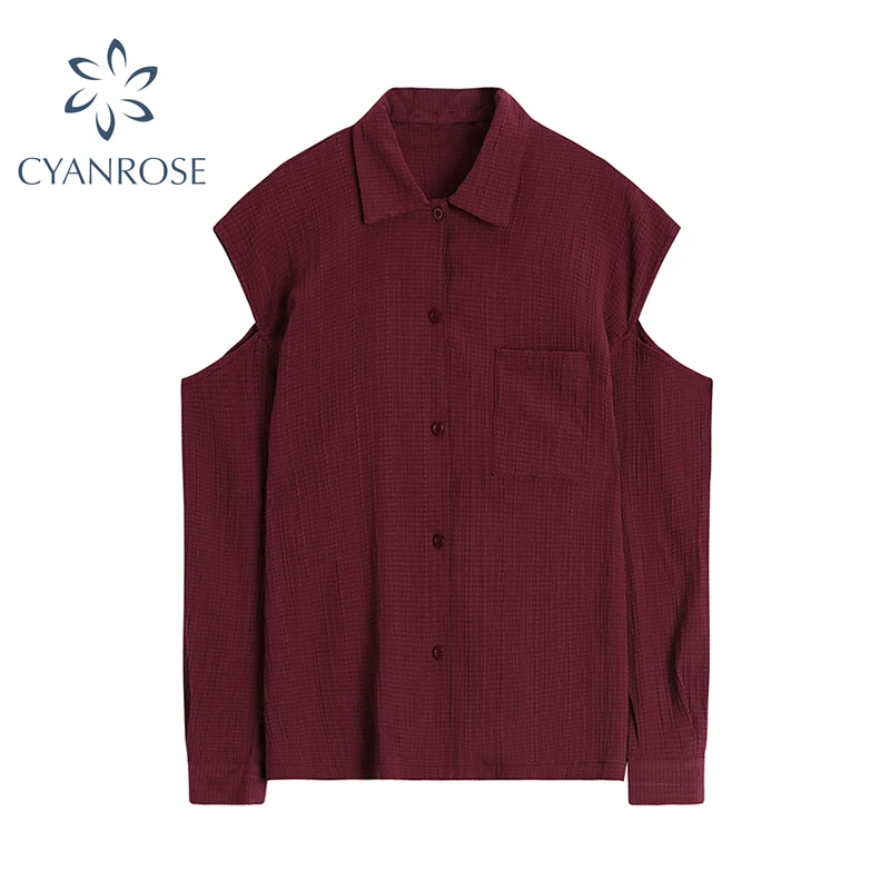 

Однотонная рубашка, Женская пикантная блузка с длинным рукавом и открытыми плечами, осень 2021, Корейская уличная одежда, стильные свободные ...