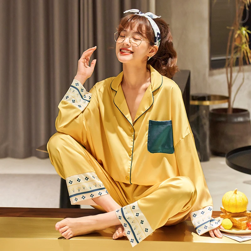 

Новинка весна-осень, модная Домашняя одежда BYY из вискозы, брюки с длинным рукавом, пижамы, комплект женской одежды для сна из двух предметов