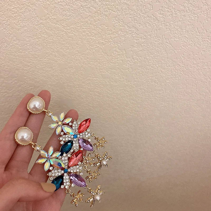 

Europe and America Fashion Female Jewelry exquisite Exaggerated Colorful Rhinestones Flower Dangle Earrings Accessories