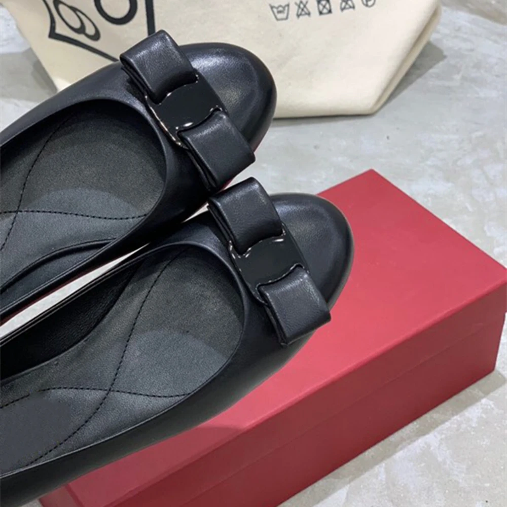 

Prowow New Shoes Genuine Leather Shoes For Woman Brand Bow Design High Heels Shoes Round Toe Low Heels Dress Shoes Top Quality