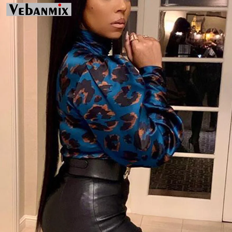 Весенняя женская Элегантная Шелковая атласная блузка с высоким воротником