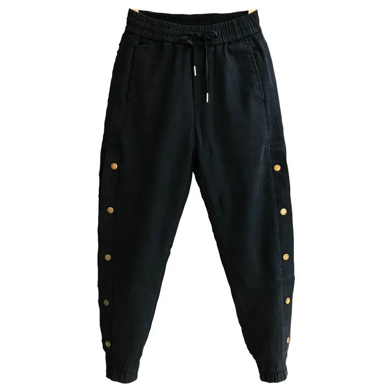 

Idopy Autumn Fashion Men`s Harem Denim Joggers Ankle Cuffed Punk Buttons Elastic Waist Drawstring Street Hip Hop Pants For Male