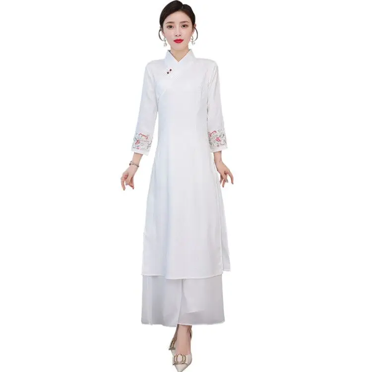 

COIGARSAM Cheongsam Cotton Linen Women dress New Spring Vintage Dresses White Average Size 907