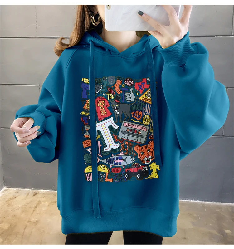 High Street Knit Hooded Letter Lady Fleece Pullovers Ins Style Add Velvet Thick Woman Hoodies Autumn Winter Clothes - Цвет: Синий