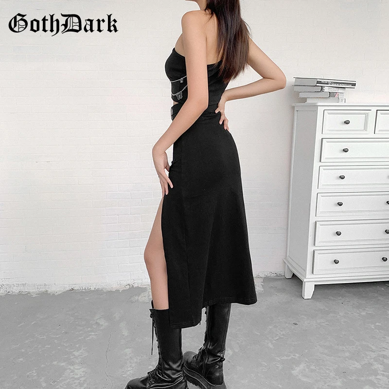 Goth Dark Gothic High Waist A-Line Black Midi Skirts Mall Goth Y2k Punk Style Women Sexy Slit Side Buckle Front Skirt Clubwear