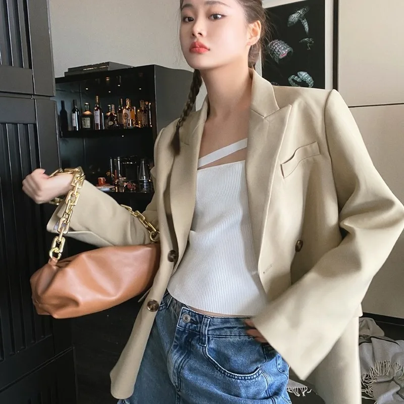 

2021 women's long blazer double-breasted blazer loose overcoat solid color formal blazer